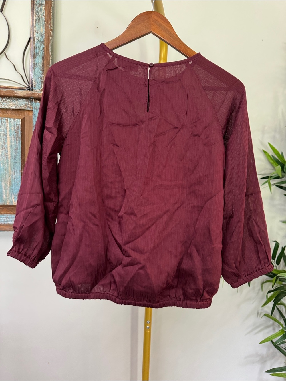 LOFT Burgundy Peasant Blouse elastic waist and cuffs NEW XSP - Picture 5 of 13